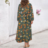 Butterfly Round Neck Long Sleeve Belted Maxi Dress