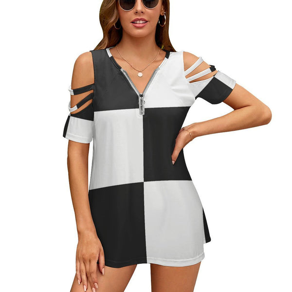 Women&#039;s Off Shoulder Zip V-Neck Tunic BE zip off shoulder top