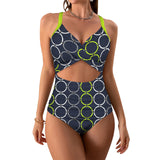 rings white print Women's Twist Front Tie Back Swimsuit (Model S57)