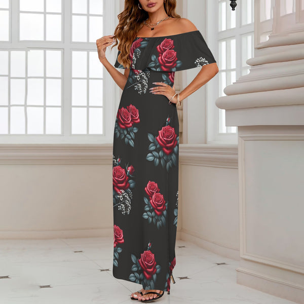 rose baby breath 4K print 2 Women's Off Shoulder Ruffle Boat Neck Dress (Model D71)