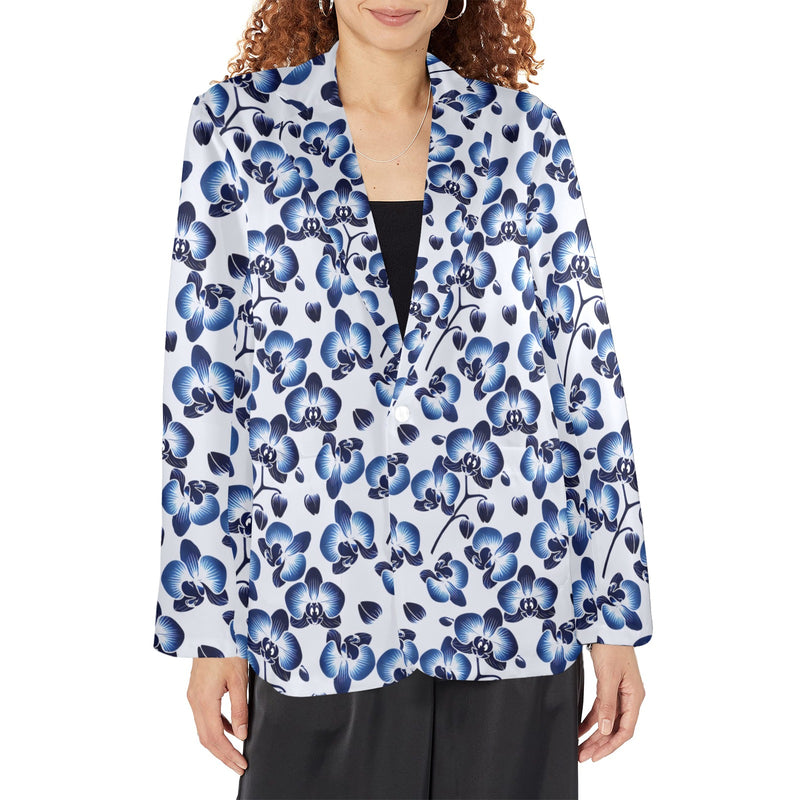 orchid print delft blue 2A Women's All Over Print Blazer (Model H64)