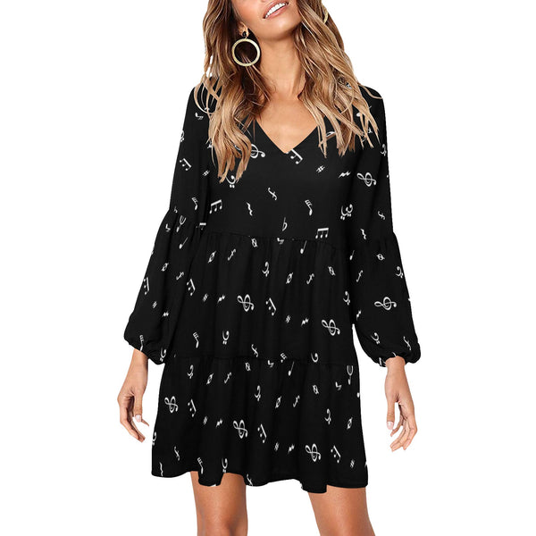 black music print V-Neck Loose Fit Dress (Model D62)