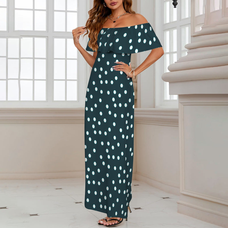 polka dot print green accent White Women's Off Shoulder Ruffle Boat Neck Dress (Model D71) L