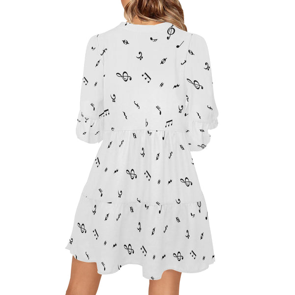 white music print V-Neck Loose Fit Dress (Model D62)