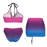 pink blue gradient print 4 Drawstring Halterneck Three-Piece Swimsuit Skirt