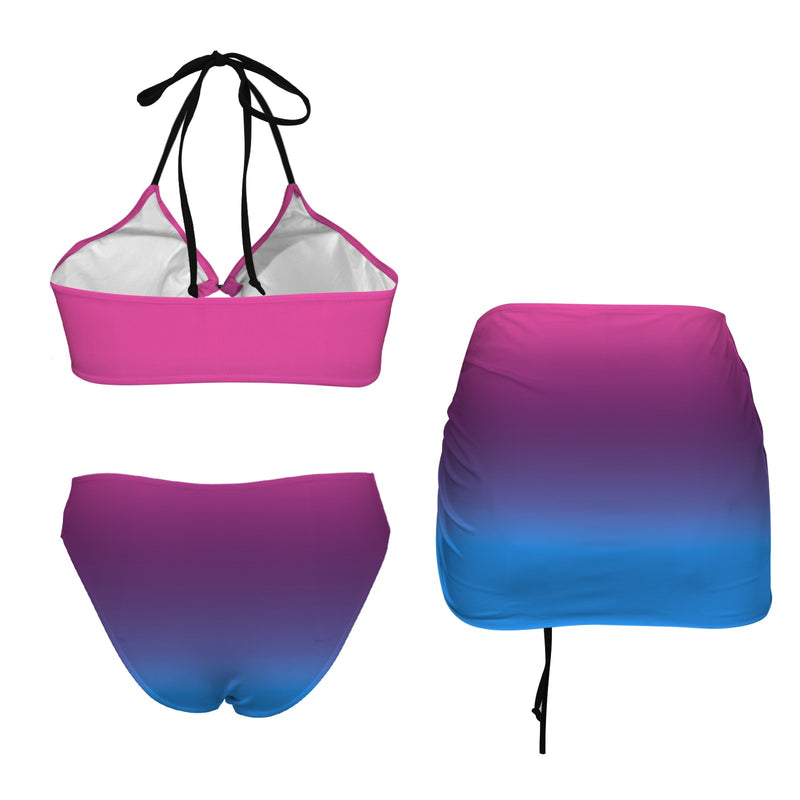 pink blue gradient print 4 Drawstring Halterneck Three-Piece Swimsuit Skirt