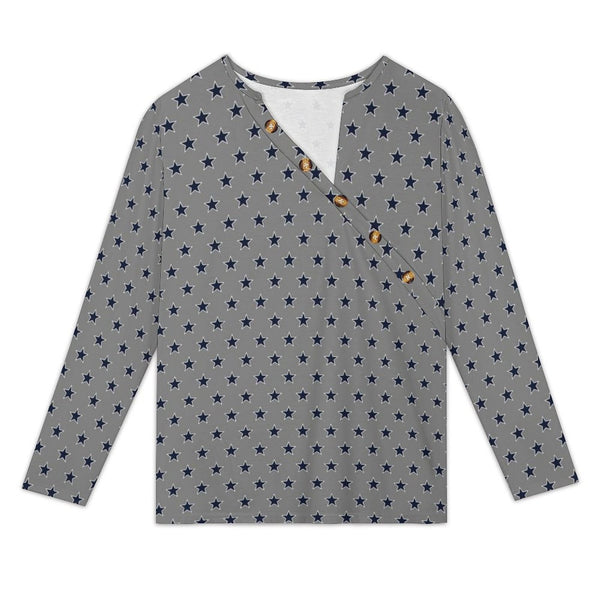 Women&#039;s Asymmetrical Neck Button-Up Shirt Long sleeved T-shirt