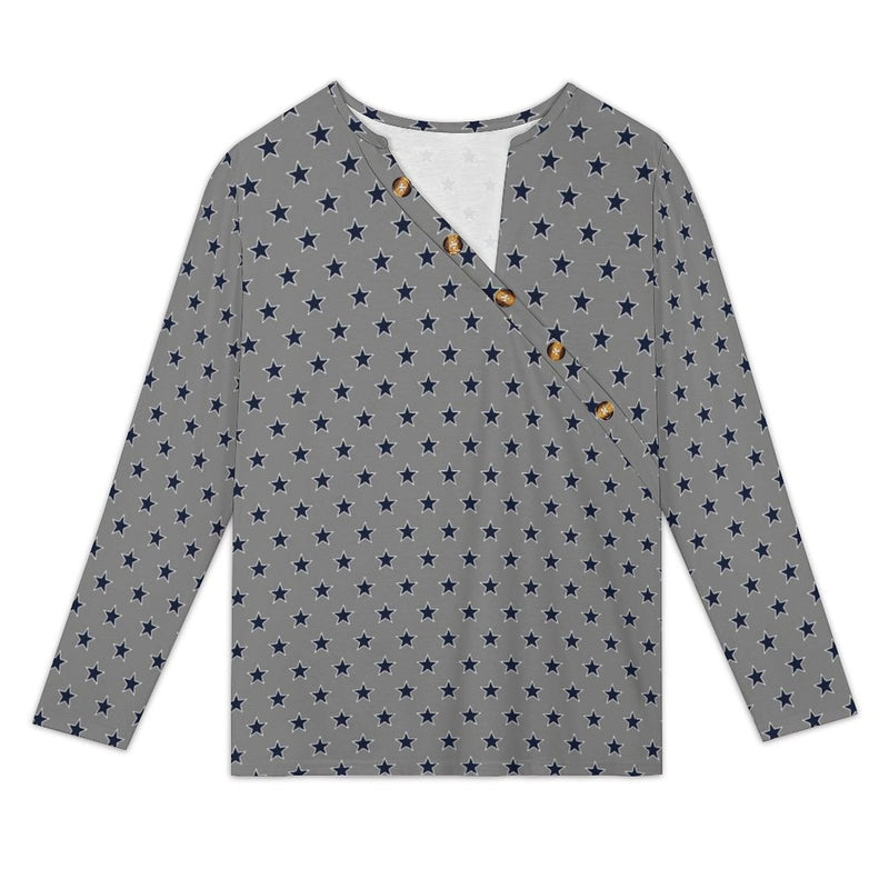 Women&#039;s Asymmetrical Neck Button-Up Shirt Long sleeved T-shirt