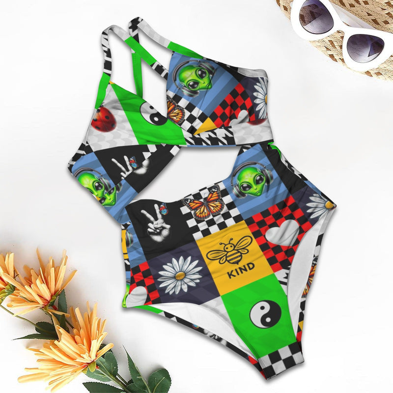 artsy print 2A Women's Twist Front Tie Back Swimsuit (Model S57)