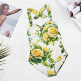 yellow rose print 4 Women's Halter Neck Gather Chest Swimsuit (Model S52)