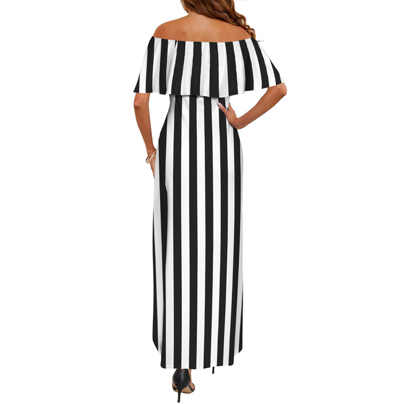 bw striped 11k Women's Off Shoulder Ruffle Boat Neck Dress (Model D71) L bw striped 11k Women's Off Shoulder Ruffle Boat Neck Dress (Model D71) L