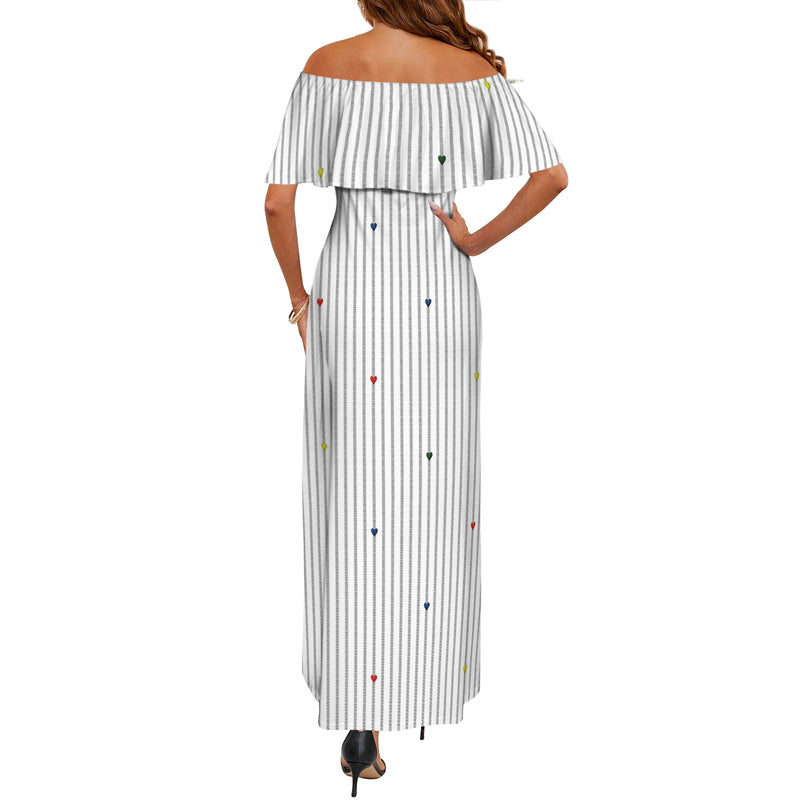 heart accent stripe accent print Women's Off Shoulder Ruffle Boat Neck Dress (Model D71)
