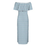 compound leaf print 2A Women's Off Shoulder Ruffle Boat Neck Dress (Model D71)