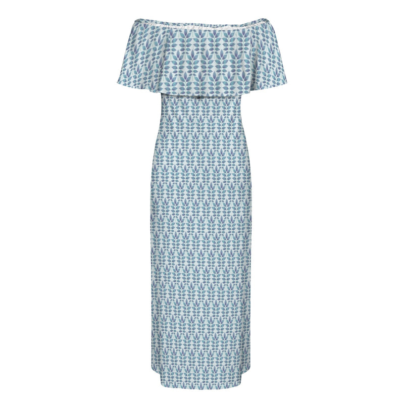 compound leaf print 2A Women's Off Shoulder Ruffle Boat Neck Dress (Model D71)