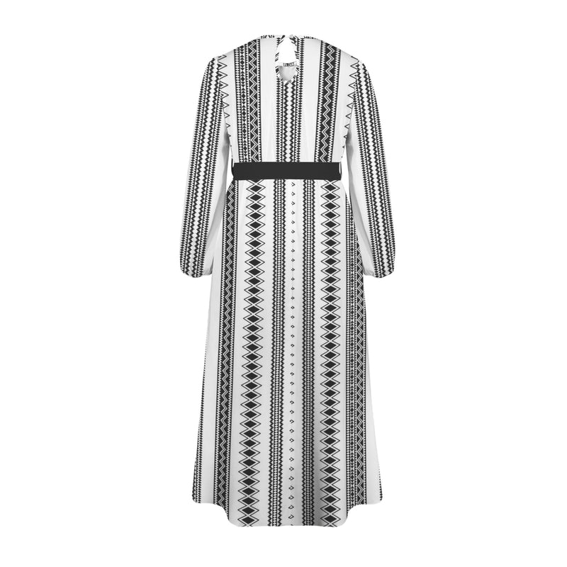 Tribal Round Neck Long Sleeve Belted Maxi Dress