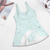 heart on stripes print light blue Women's One Piece Skirted Swimsuit (Model S54)