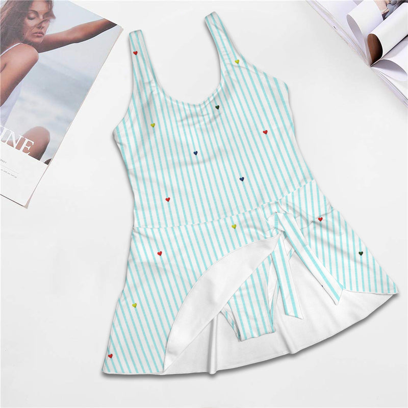 heart on stripes print light blue Women's One Piece Skirted Swimsuit (Model S54)