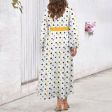 Polka Dot Round Neck Long Sleeve Belted Maxi Dress