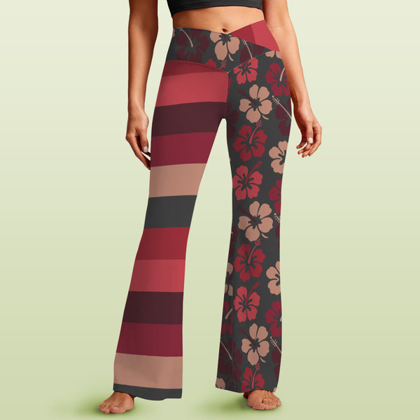striped hibiscus print 3C High Waist Crossover Tummy Control Flare Leggings