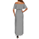 white dot print 2B Women's Off Shoulder Ruffle Boat Neck Dress (Model D71)