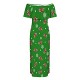 bright xmas candy cane print 5B Women's Off Shoulder Ruffle Boat Neck Dress (Model D71)