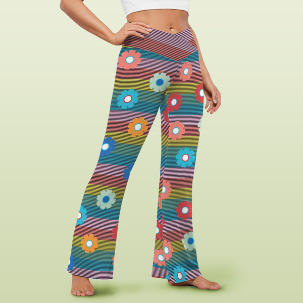 striped print 2B High Waist Crossover Tummy Control Flare Leggings