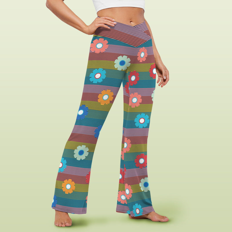 striped print 2B High Waist Crossover Tummy Control Flare Leggings