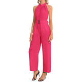 Fuchsia Fun Halter Neck Buckle Belted Jumpsuit