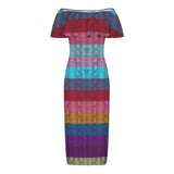 multicolored snakeskin Women's Off Shoulder Ruffle Boat Neck Dress (Model D71)