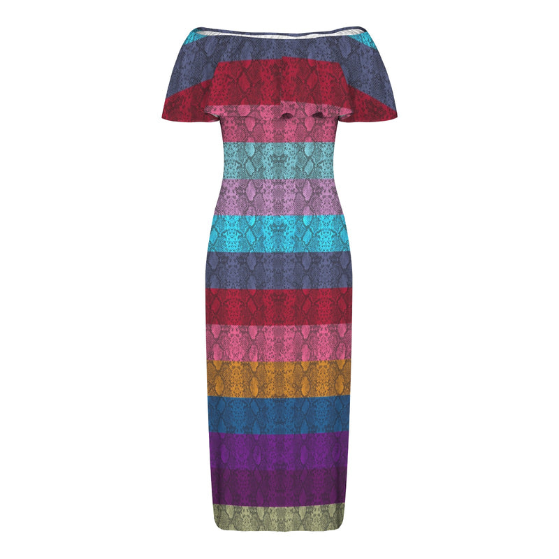 multicolored snakeskin Women's Off Shoulder Ruffle Boat Neck Dress (Model D71)