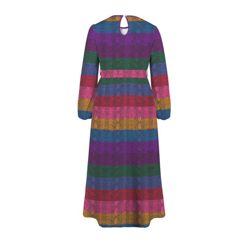 Multicolored Snakeskin Round Neck Long Sleeve Belted Maxi Dress