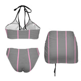 pink black white striped print 2C Drawstring Halterneck Three-Piece Swimsuit Skirt