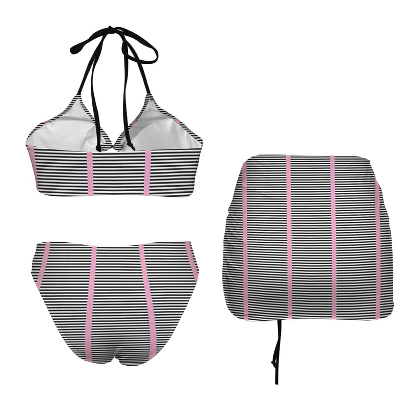 pink black white striped print 2C Drawstring Halterneck Three-Piece Swimsuit Skirt