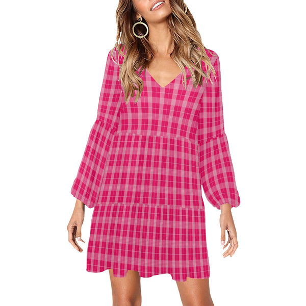 pink plaid print 2B V-Neck Loose Fit Dress (Model D62)
