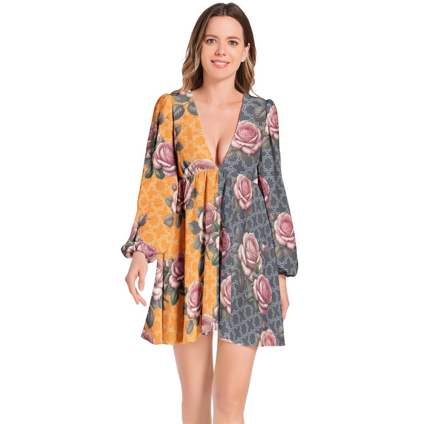 Lantern Sleeve Deep V-Neck Short Dress