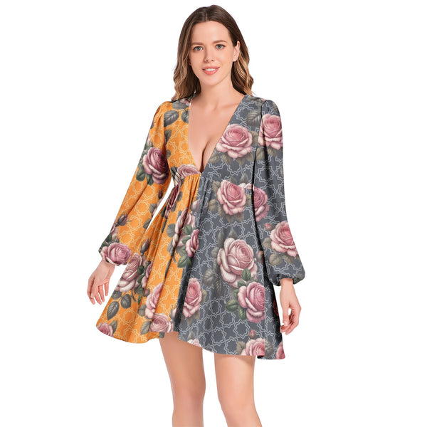 Lantern Sleeve Deep V-Neck Short Dress