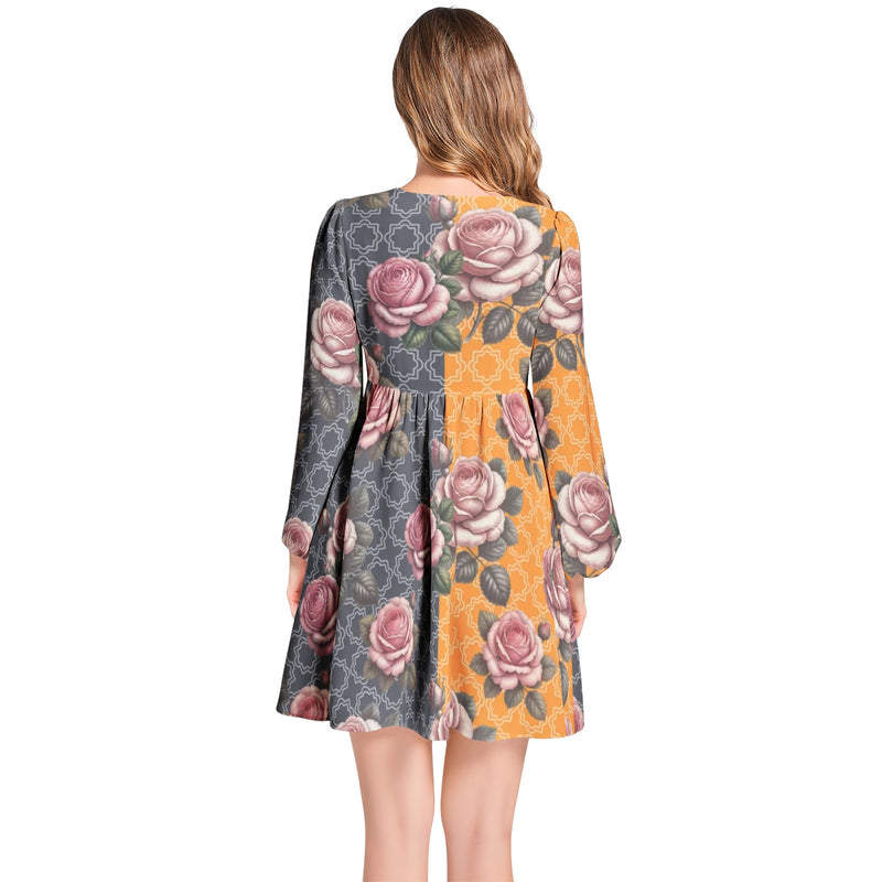 Lantern Sleeve Deep V-Neck Short Dress