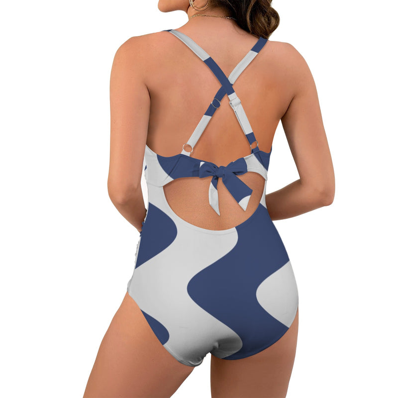 delft blue monarch butterfly print Women's Twist Front Tie Back Swimsuit (Model S57)