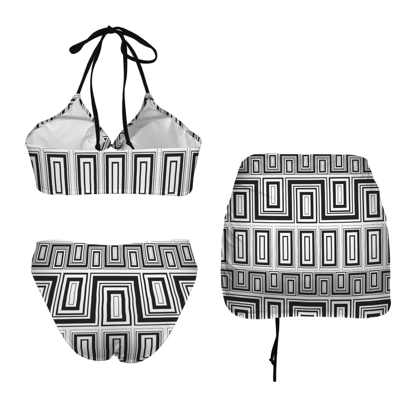 It Comes In Black Drawstring Halterneck Three-Piece Swimsuit Skirt