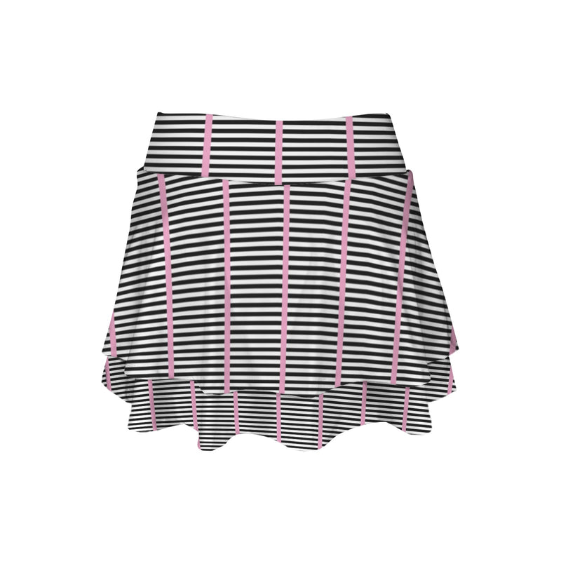 striped pink and black print High Waist Layered Ruffle Pockets Sports Skirt