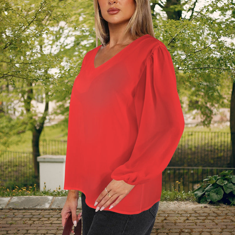 bright red Women's Loose V-Neck Long Puff Sleeve Top (Model H70)