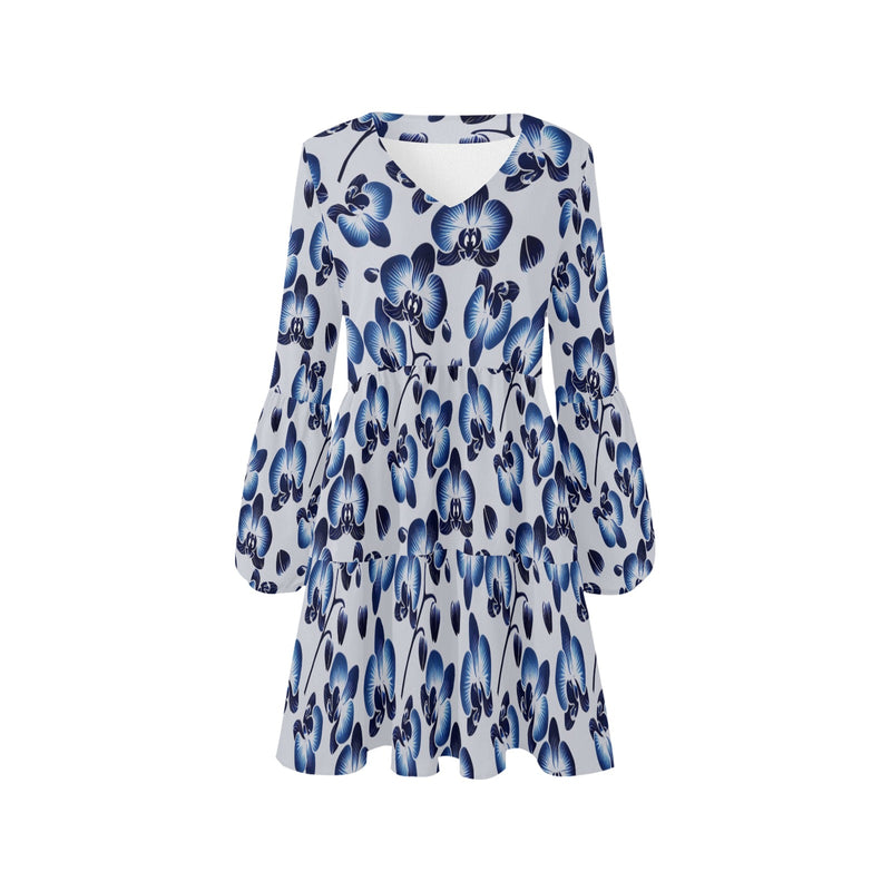 orchid print delft blue 2A V-Neck Loose Fit Dress (Model D62)