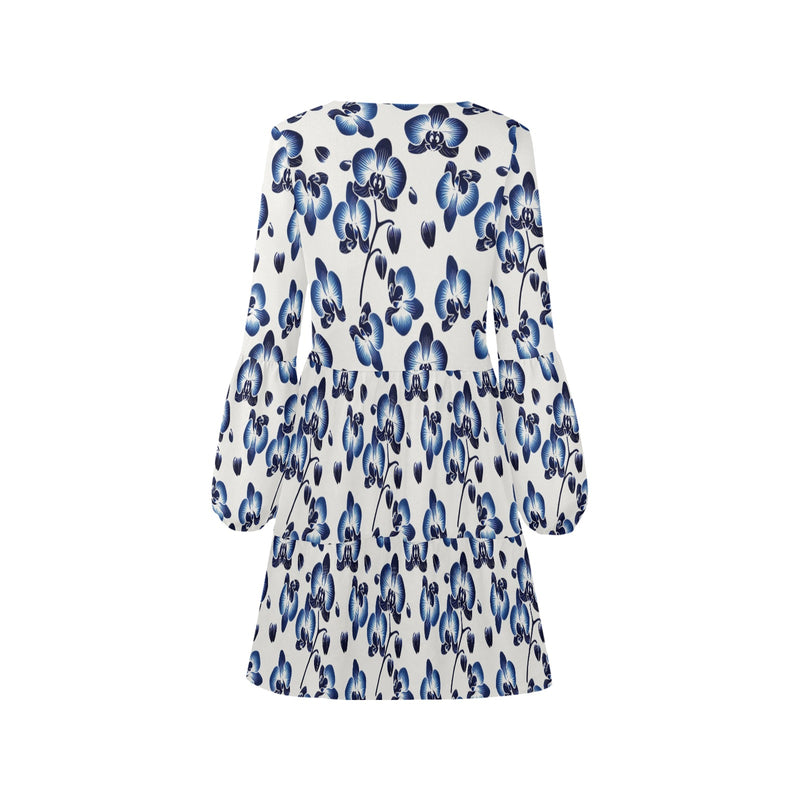 orchid print delft blue ombre V-Neck Loose Fit Dress (Model D62)