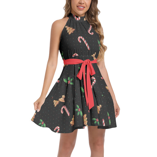 Ruffle Hem Belted Halter Dress