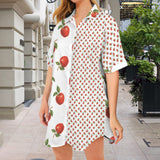 apples white print Short Sleeve Button Front Shirt Dress