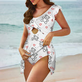 teddy bear and hearts print 2A Women's Ruffle Sleeve Skirted Swimsuit (Model S59)
