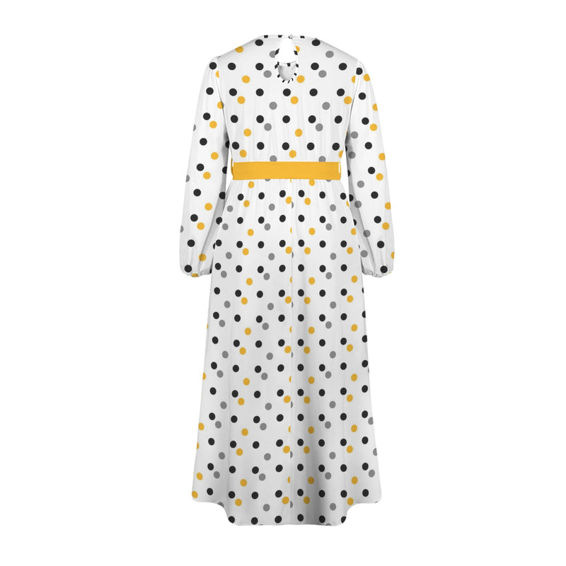 Polka Dot Round Neck Long Sleeve Belted Maxi Dress
