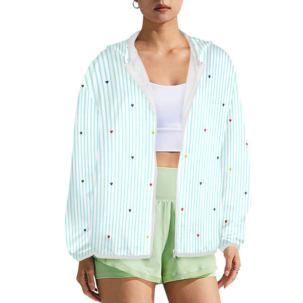 heart on stripes print light blue Women's Lightweight Sun Protection Hoodie (Model H62)