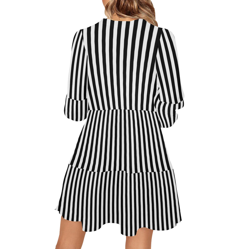 striped bw V-Neck Loose Fit Dress (Model D62)