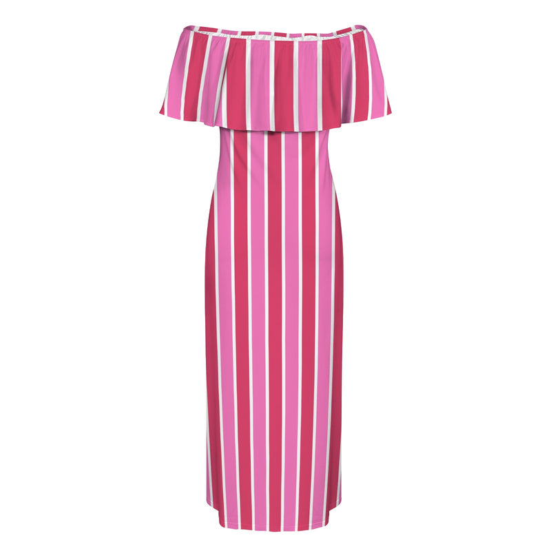 candy cane striped print Women's Off Shoulder Ruffle Boat Neck Dress (Model D71)